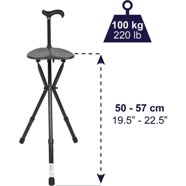 Bastón Silla Plegable (Altura Regulable), Bastones para Andar con Asiento Negro - Imagen 2