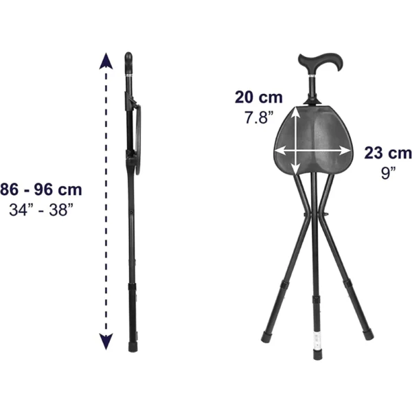 Bastón Silla Plegable (Altura Regulable), Bastones para Andar con Asiento Negro - Imagen 3