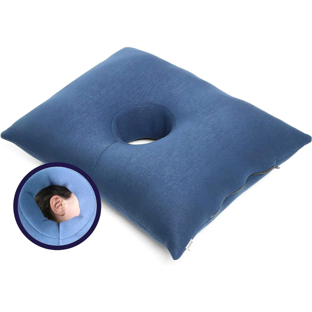 almohada con agujero para la oreja vista de frente y lateral