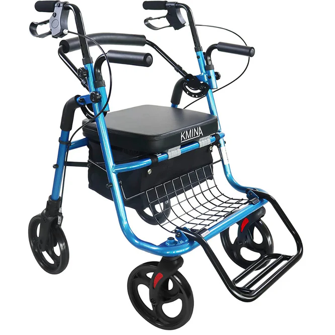andador azul con freno asiento acolchado y ruedas con suspension