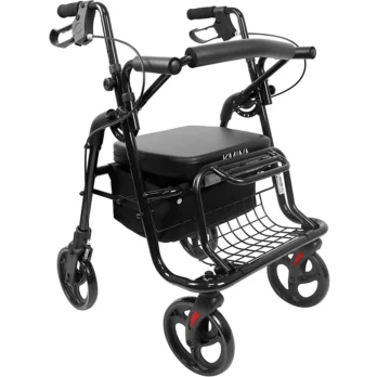 andador con asiento negro y estructura cromada
