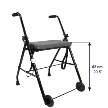 andador con asiento tipo mesa plegable negra con escala de medidas