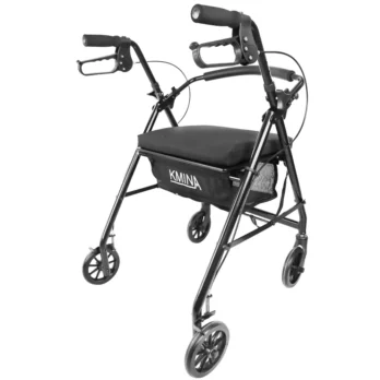 andador con asiento y cesta vista frontal lateral