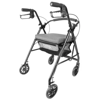 andador con frenos manuales y asiento vista en uso