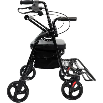 andador negro con asiento acolchado y freno manual tipo silla