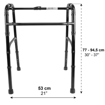 andador plegable ajustable con medidas detalladas en pulgadas y centimetros