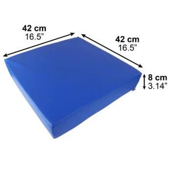 cojin azul con medidas tecnicas marcadas