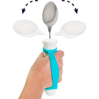 cuchara y tenedor adaptados con mango azul ergonomico