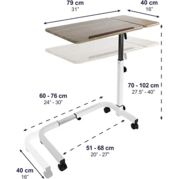 mesa con ruedas medidas y angulo ajustable ilustrado