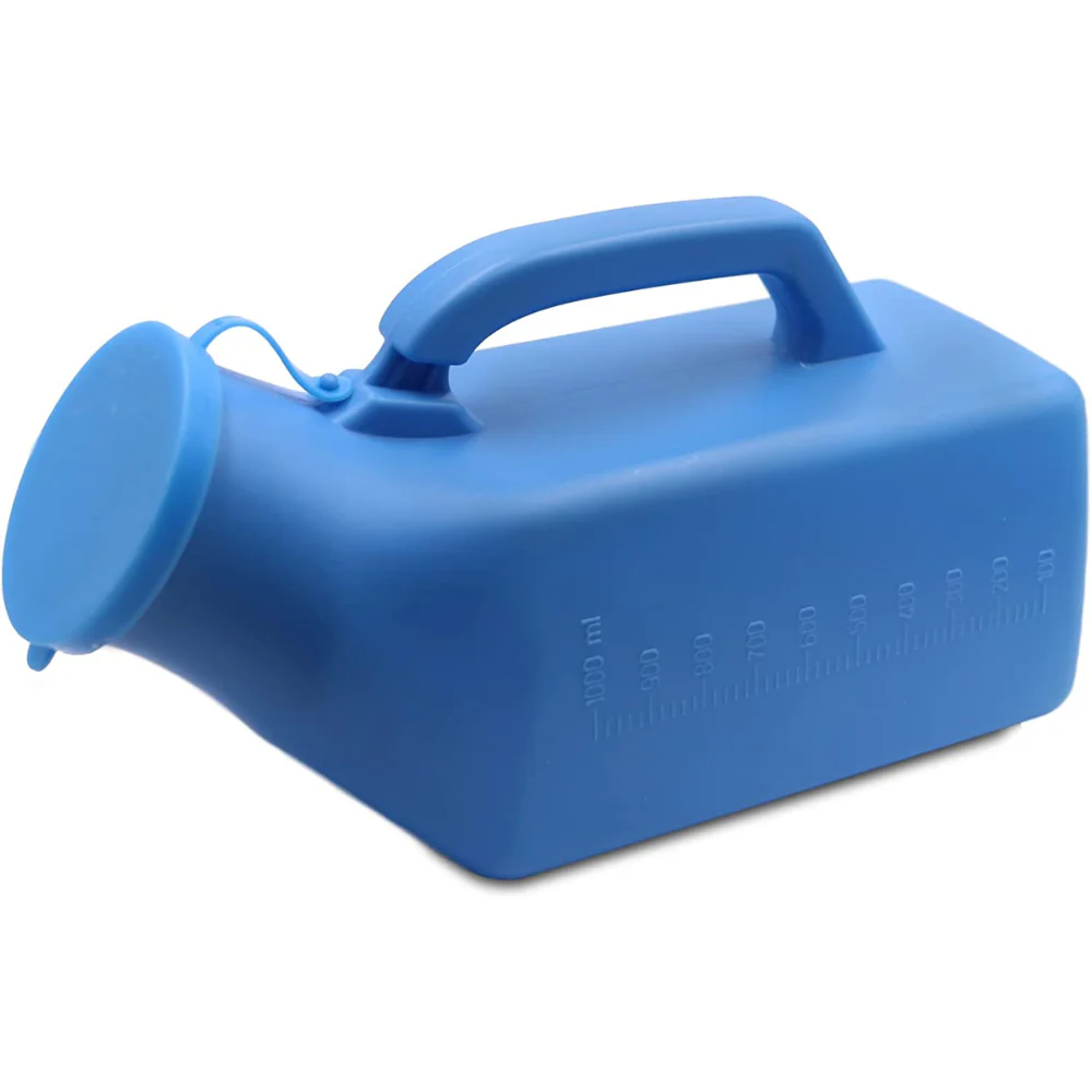 orinal masculino azul con tapa vista lateral