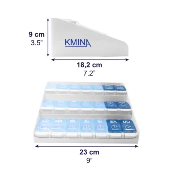 pastillero semanal doble con medidas en pulgadas y centimetros