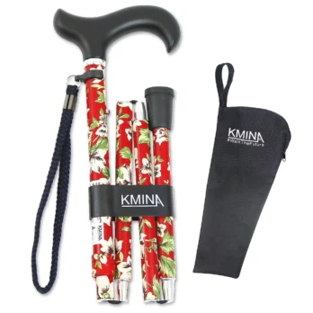set de baston plegable rojo con diseno floral y funda protectora