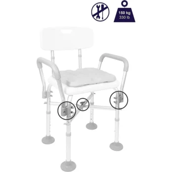 silla de bano con apoyabrazos respaldo y estructura blanca