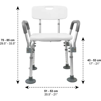 silla de bano con respaldo apoyabrazos y perforaciones para drenaje