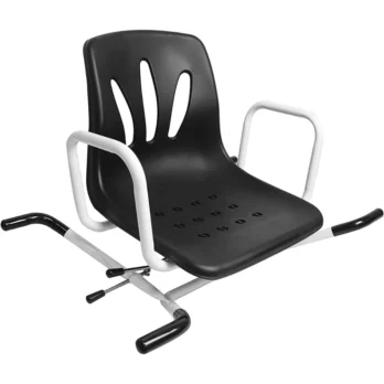 silla de bano negra con respaldo perforado y estructura metalica