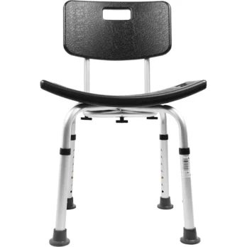 silla de ducha blanca con respaldo y patas de goma antideslizante