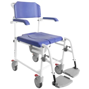 silla de ducha con estructura metalica y ruedas grandes