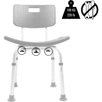 silla de ducha con respaldo asas laterales y simbolos de uso seguro