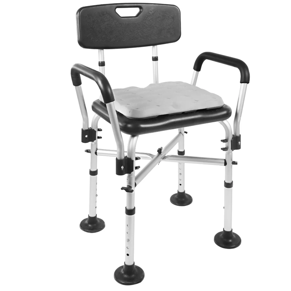 silla de ducha con respaldo asiento con drenaje y reposabrazos acolchados