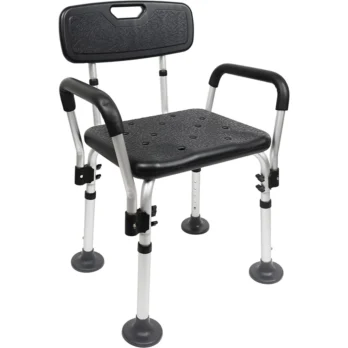 silla de ducha con respaldo bajo asas laterales y simbolo de accesibilidad