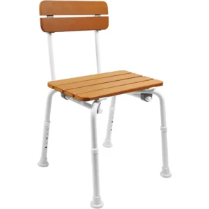 silla de ducha de madera con respaldo