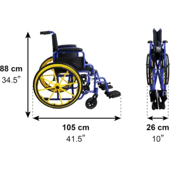 silla de ruedas infantil azul con medidas perfil lateral