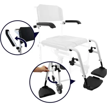 silla de ruedas multifuncion blanca con asiento tipo inodoro y ruedas con freno