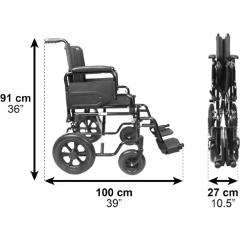 silla de ruedas plegada y desplegada con medidas laterales