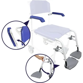 silla de ruedas sanitaria con recipiente extraible reposapies abatibles y respaldo plegable