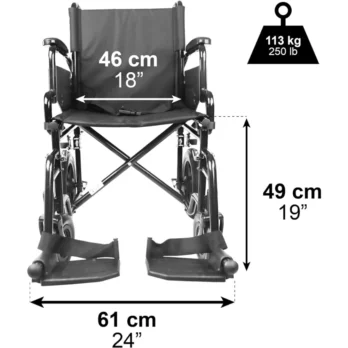 silla de ruedas vista frontal con medidas de ancho y altura