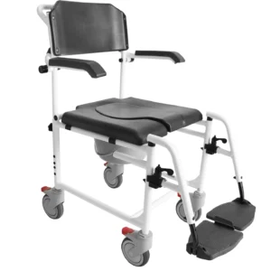 silla gris de ducha con ruedas y respaldo bajo