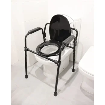 silla inodoro negra con reposabrazos y estructura de acero