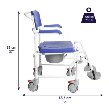 silla sanitaria azul con ruedas pequenas respaldo plegable y cubeta extraible