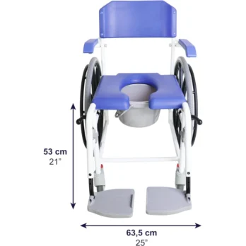 vista frontal de silla autopropulsable con reposabrazos y ruedas traseras grandes
