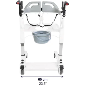 vista frontal de silla de transferencia con respaldo y asiento sanitario