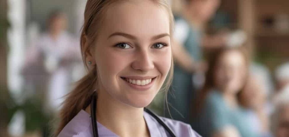 cuidadora joven sonriendo profesionales comprometidas en atencion a mayores