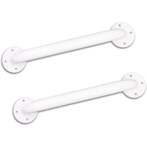 Dos asideros de baño blancos rectos con sus placas de anclaje