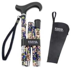 Bastón plegable con estampado de flores sobre fondo azul, recogido en cuatro tramos, junto a su funda negra