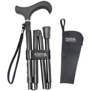 Bastón plegable negro recogido en cuatro tramos junto a su funda de tela