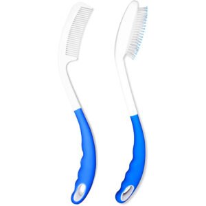 Peine y cepillo de mango largo blanco y azul, uno junto a otro