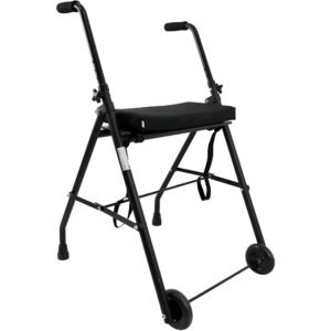 Andador plegable negro de dos ruedas delanteras con asiento acolchado, visto de tres cuartos