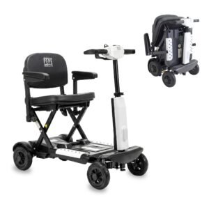 Scooter plegable blanco desplegado, junto al mismo scooter plegado
