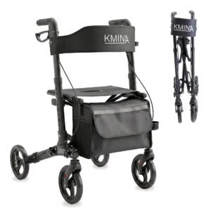 Andador rollator negro de cuatro ruedas con asiento, respaldo y bolsa, junto al mismo plegado