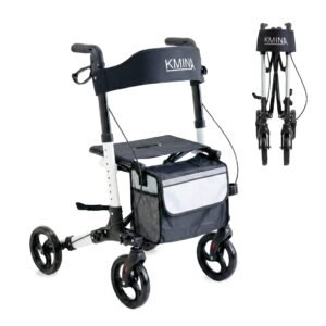Andador rollator blanco de cuatro ruedas con asiento, respaldo y bolsa, junto al mismo plegado