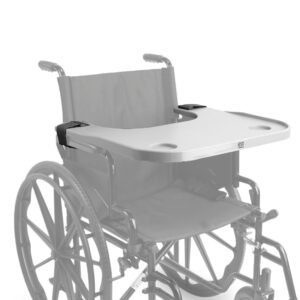 Bandeja gris montada en una silla de ruedas dibujada en gris