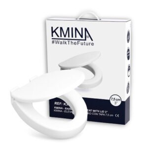 Elevador de inodoro blanco de 7,5 cm con tapa, junto a su caja de KMINA