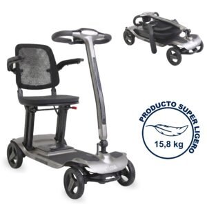 Scooter ligero gris de cuatro ruedas desplegado y plegado; sello de producto superligero de 15,8 kg